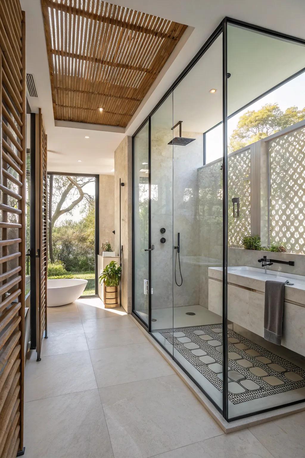 A stylishly private shower with creative screens.