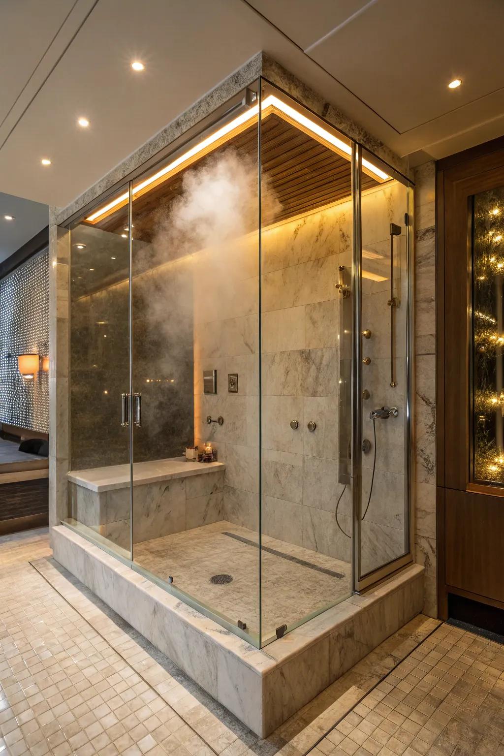 A spa experience shower with luxurious features.