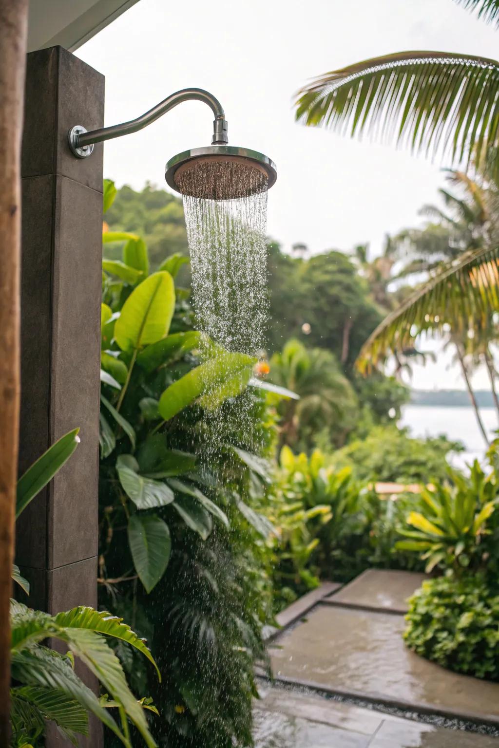 A tropical paradise shower with lush greenery.