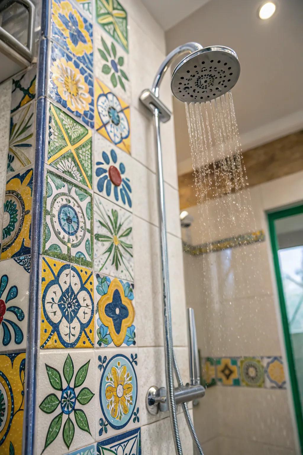 A vibrant shower with artistic tile accents.