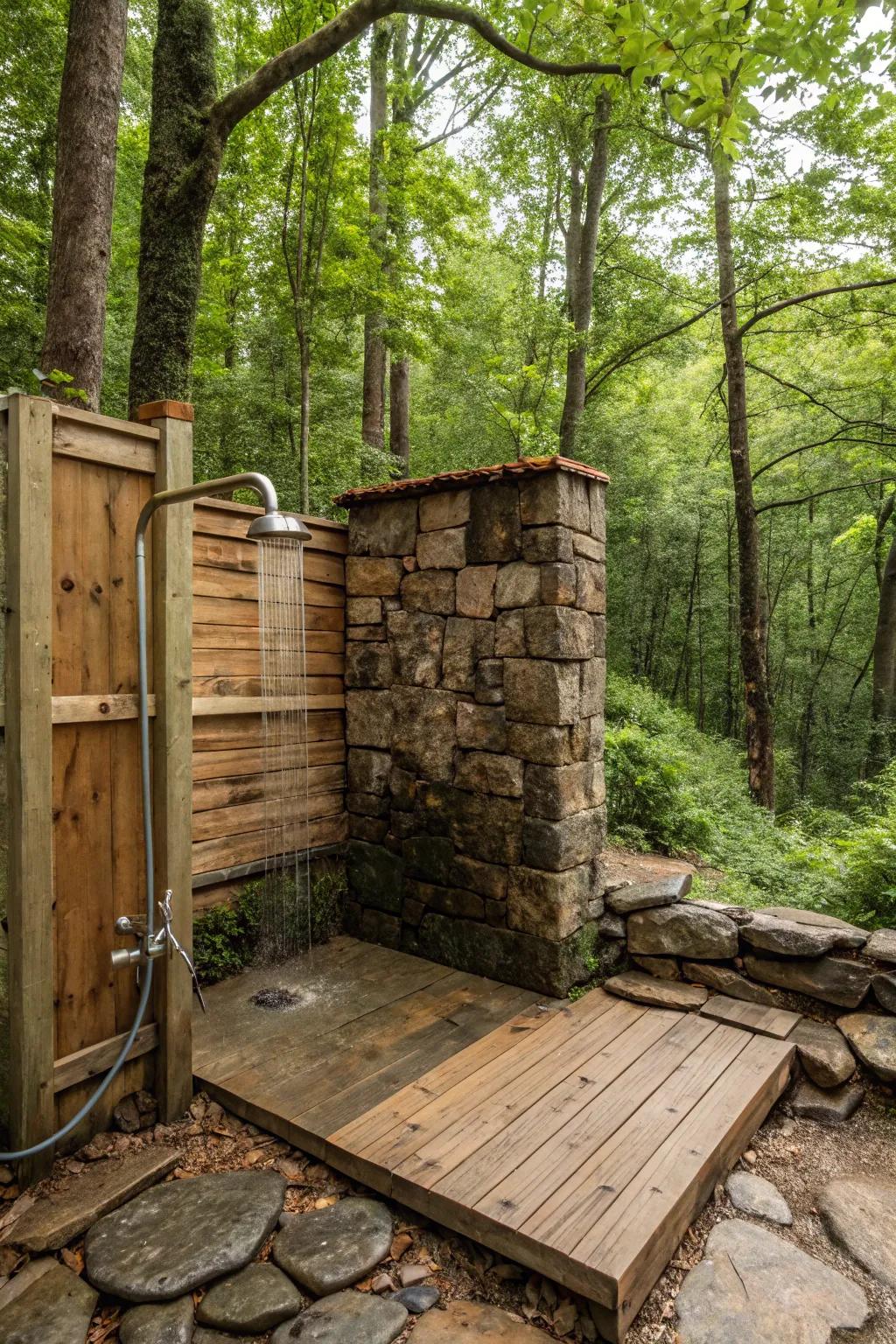 A cozy woodland retreat shower with rustic elements.