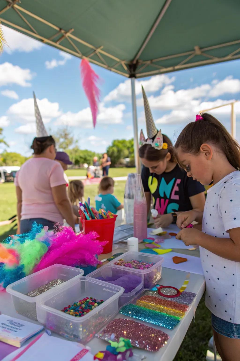 A DIY unicorn craft station sparks creativity.