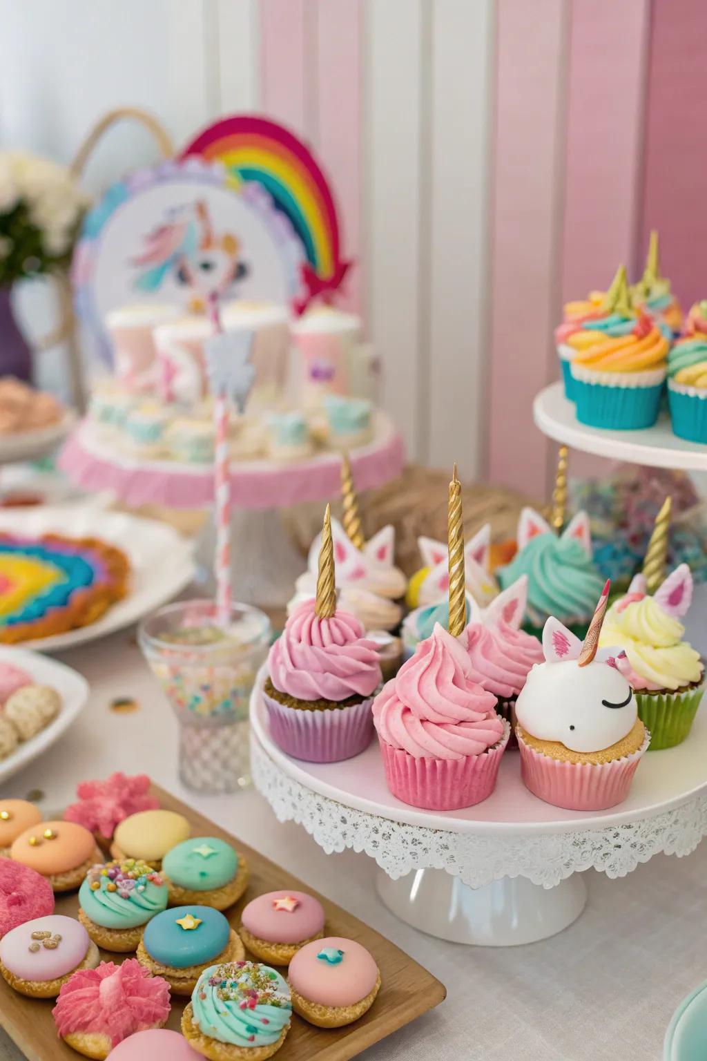 Unicorn-themed treats make your food table enchanting.