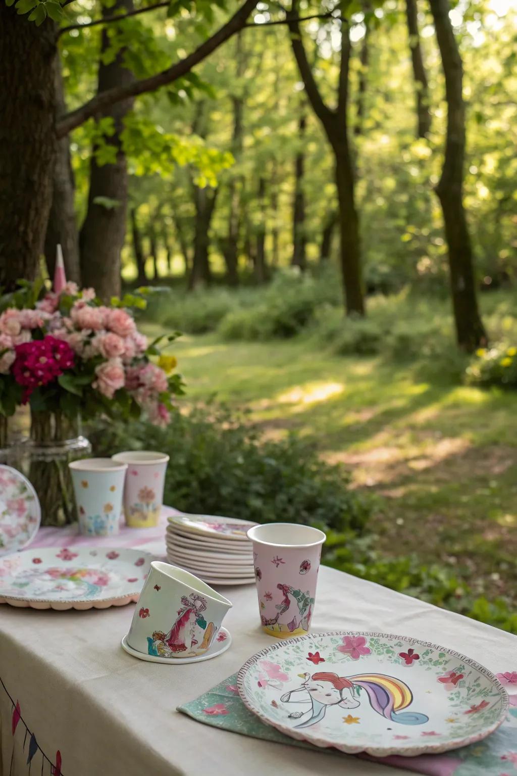 Unicorn-themed table settings add a magical touch to your party.