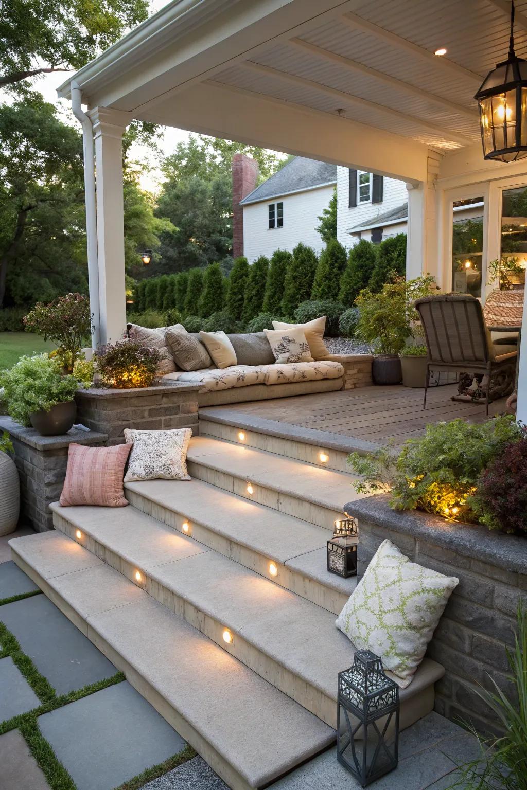 Integrated seating turns steps into a cozy gathering spot.