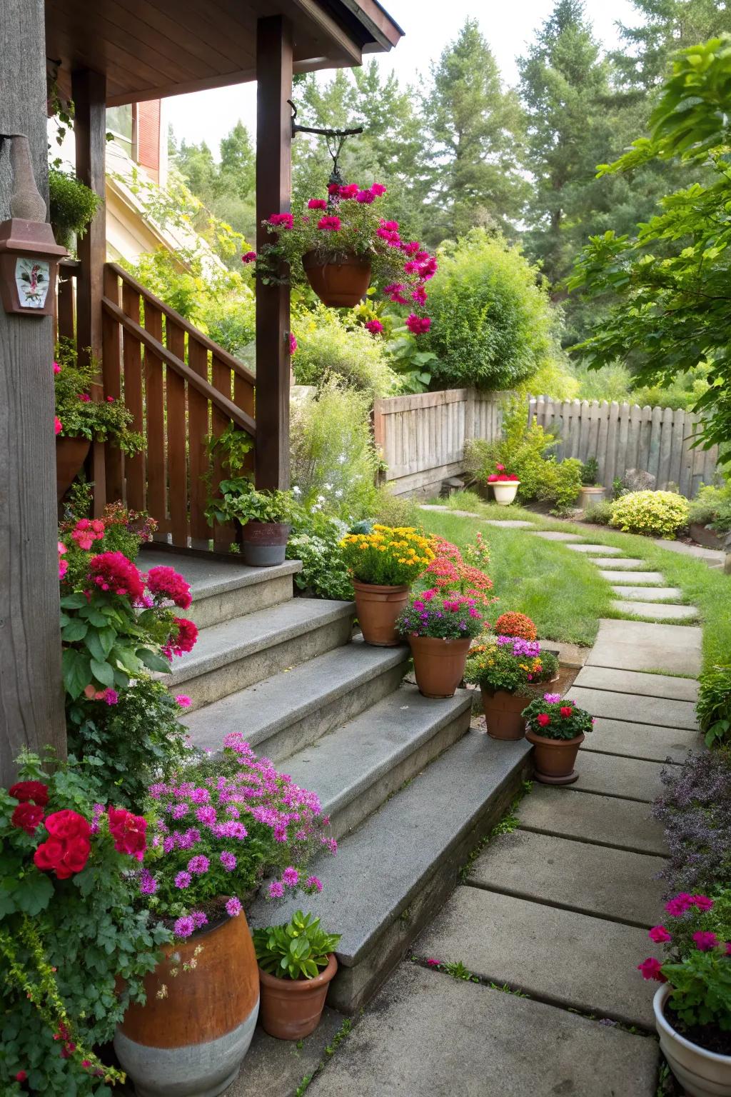 Potted plants add life and color to your steps.