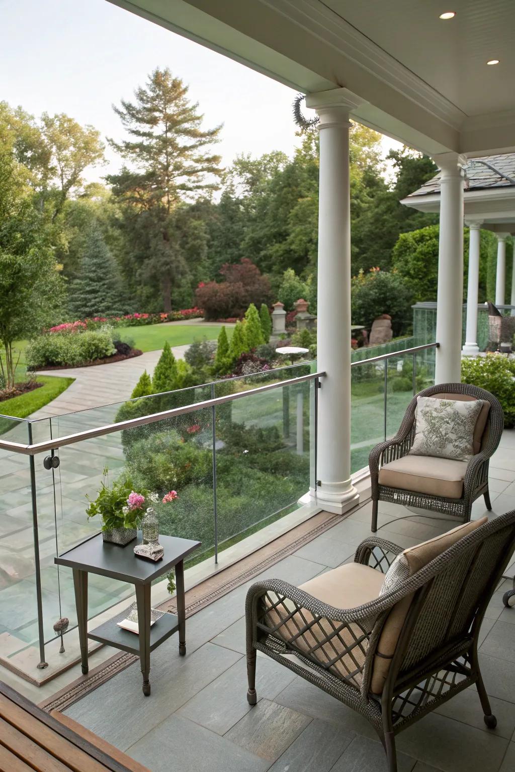 Glass railings provide a clear view and a touch of sophistication.