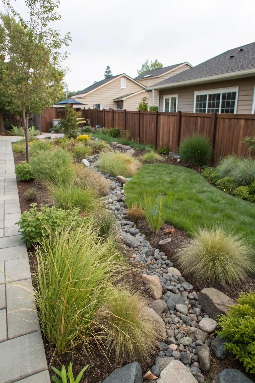 Bioswales manage water flow while supporting local flora.
