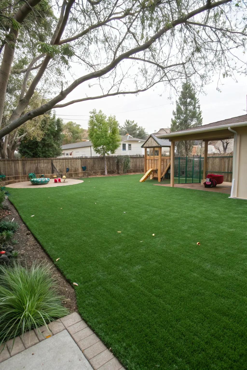 Artificial turf keeps your lawn green and mud-free year-round.