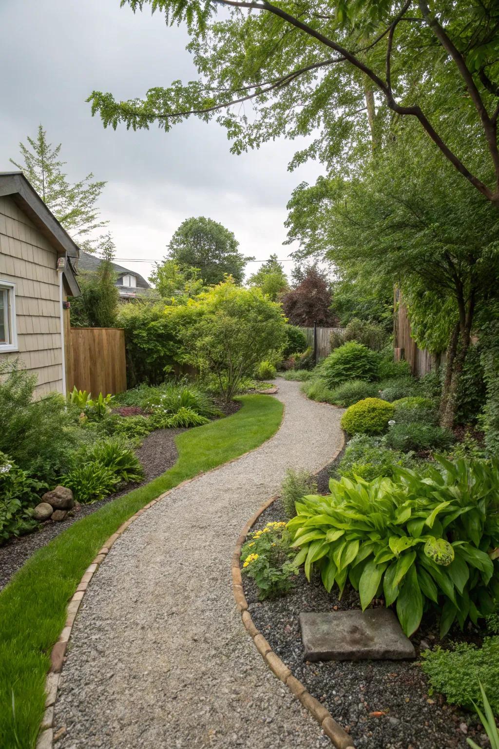 Gravel pathways guide water and add a touch of rustic charm to your backyard.