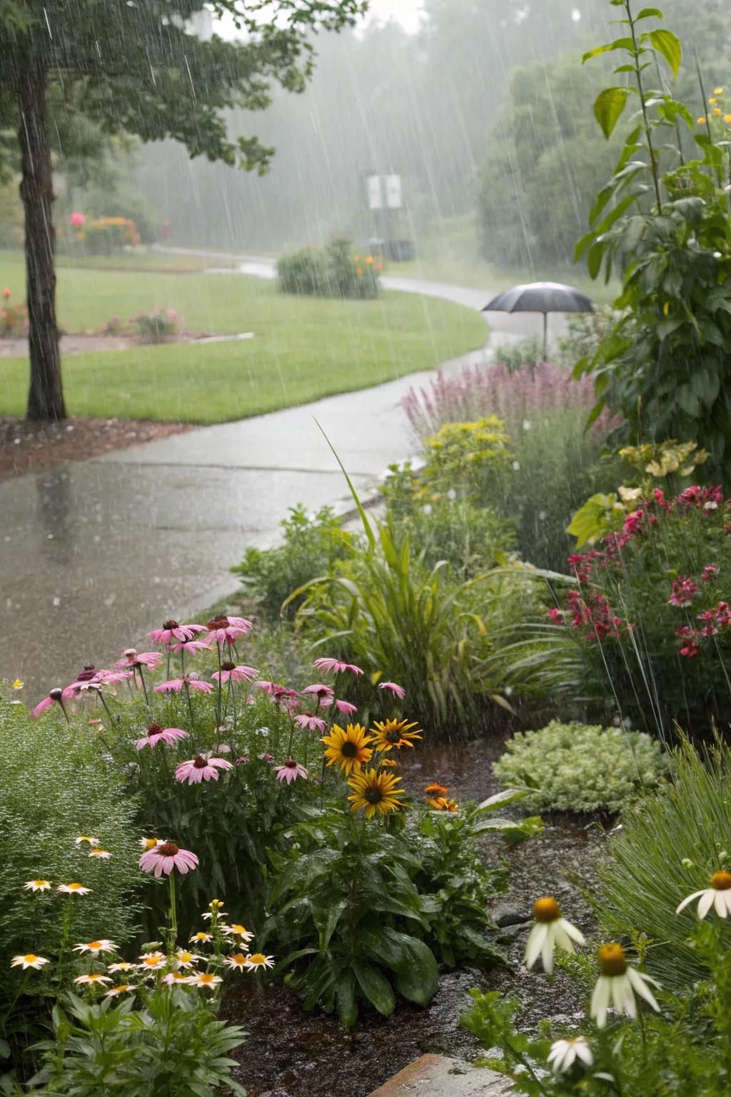 Rain gardens thrive in wet conditions, adding beauty and biodiversity.