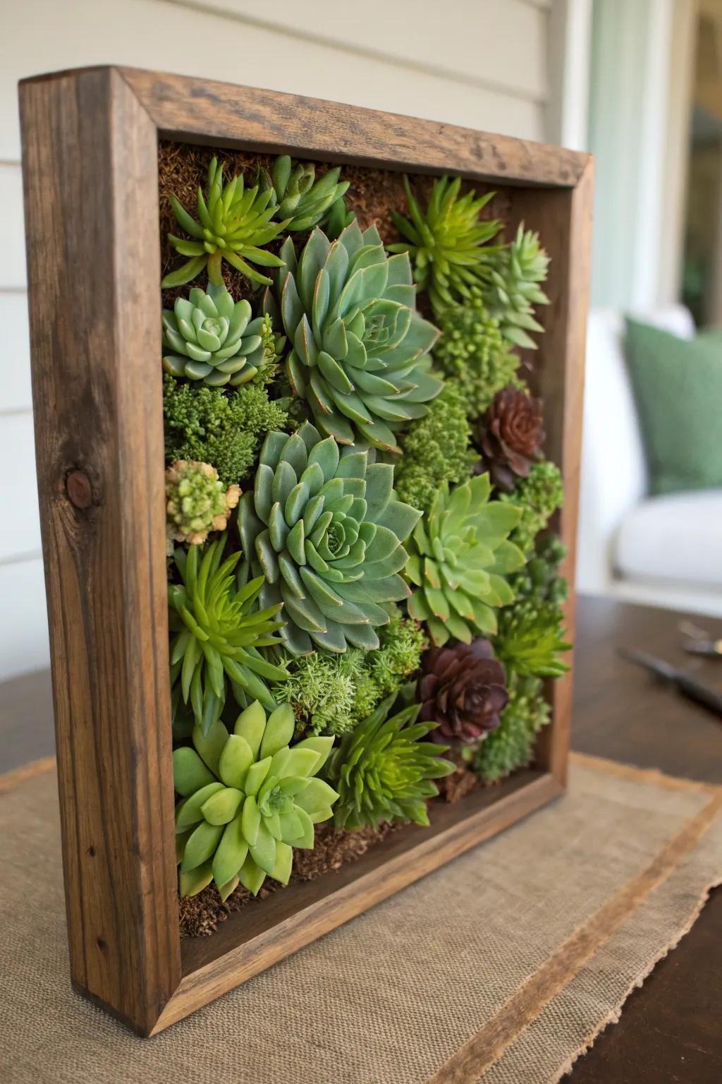 Living art featuring framed arrangements of sedums.