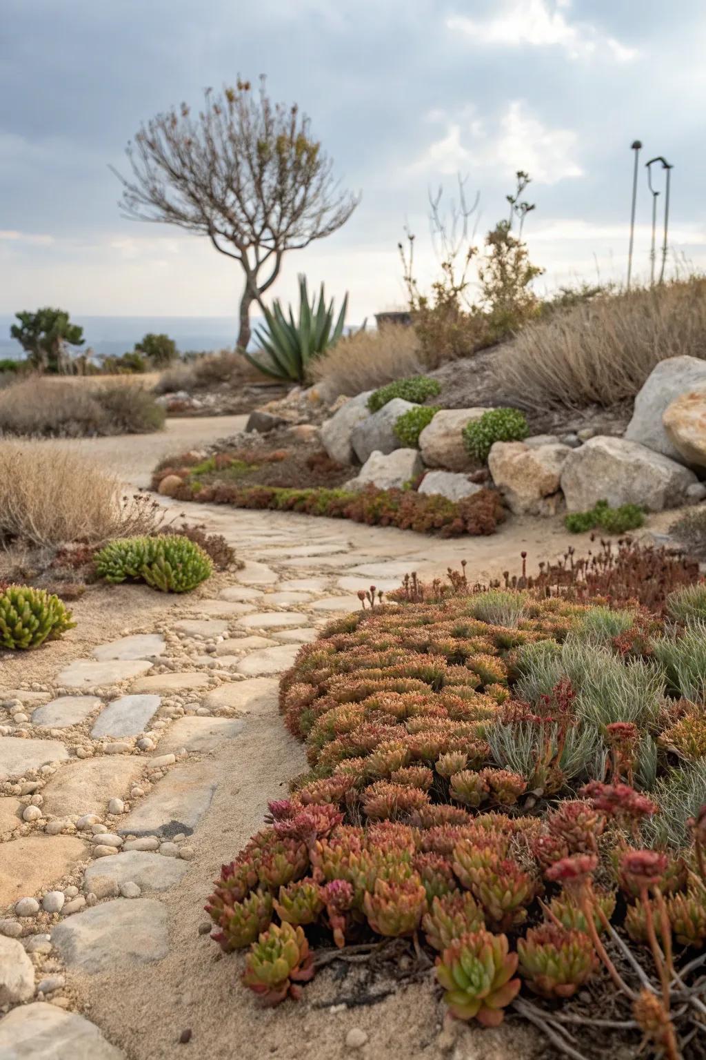 A water-wise garden featuring drought-tolerant sedums.