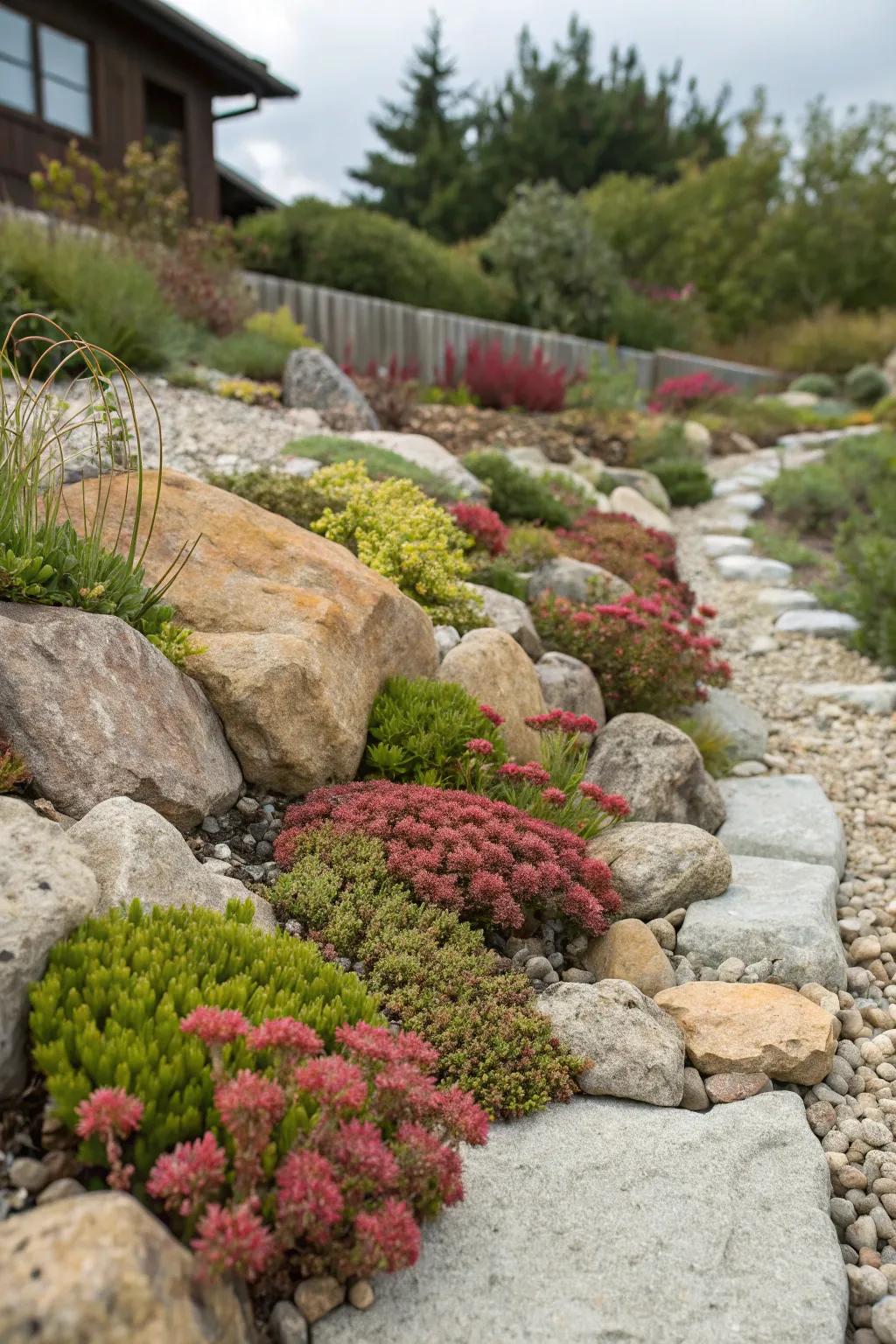 Sedums nestled in a picturesque rock garden.