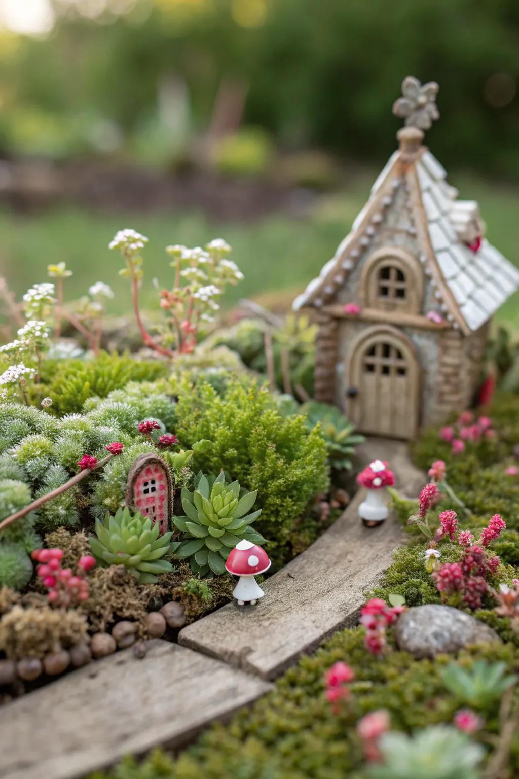 A whimsical fairy garden complete with miniature sedums.