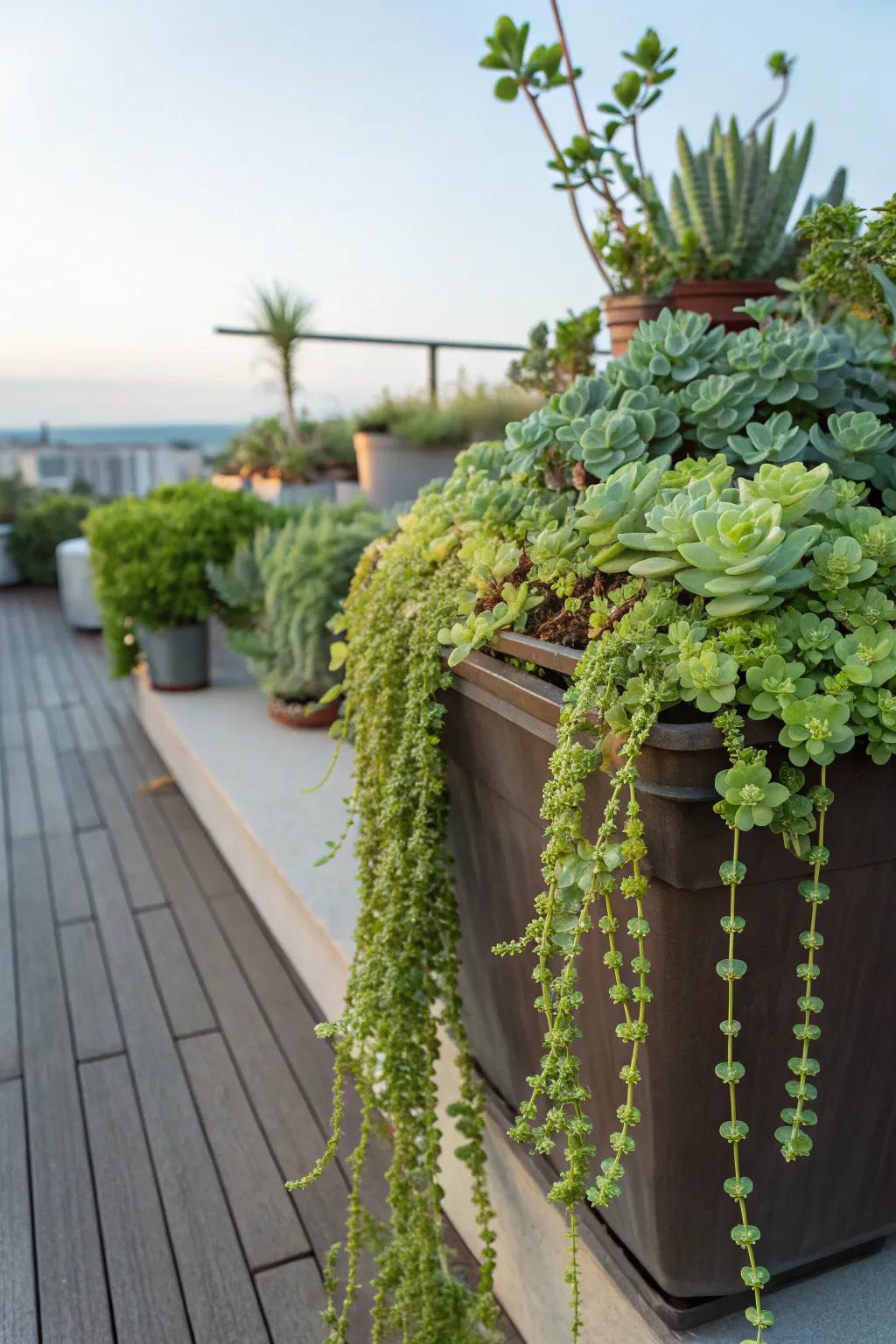 Sedums spilling over the edges of a garden container.