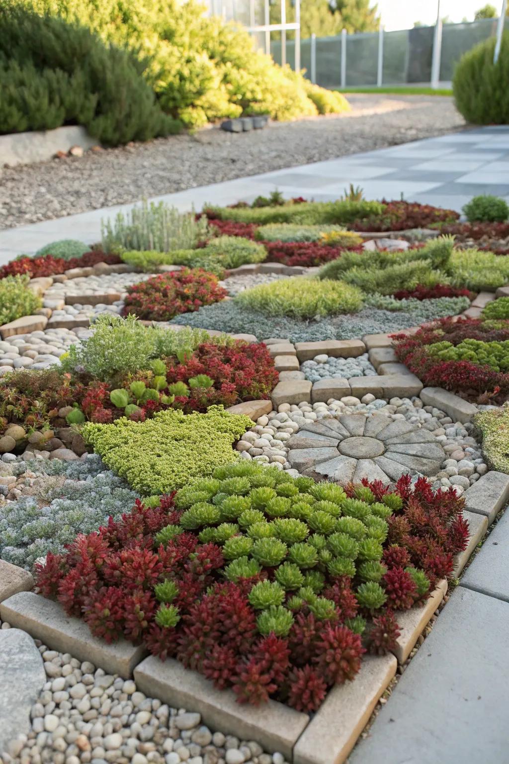 A living mosaic garden showcasing a variety of sedums.