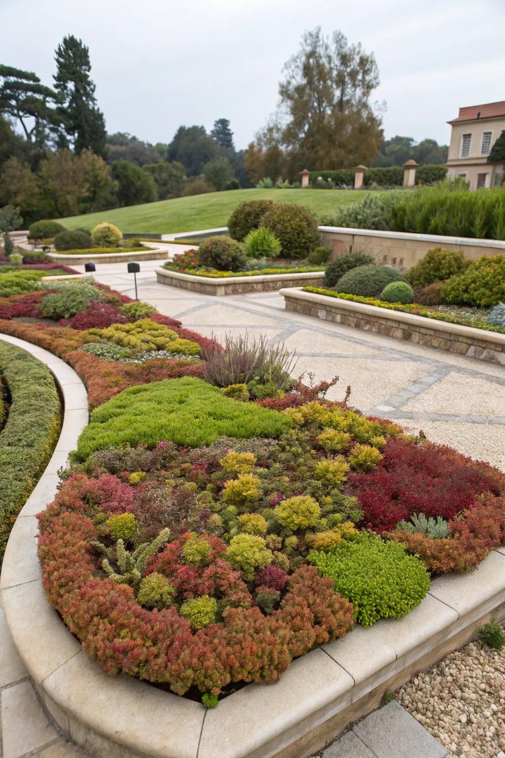 Artistic garden features enhanced with sedums.