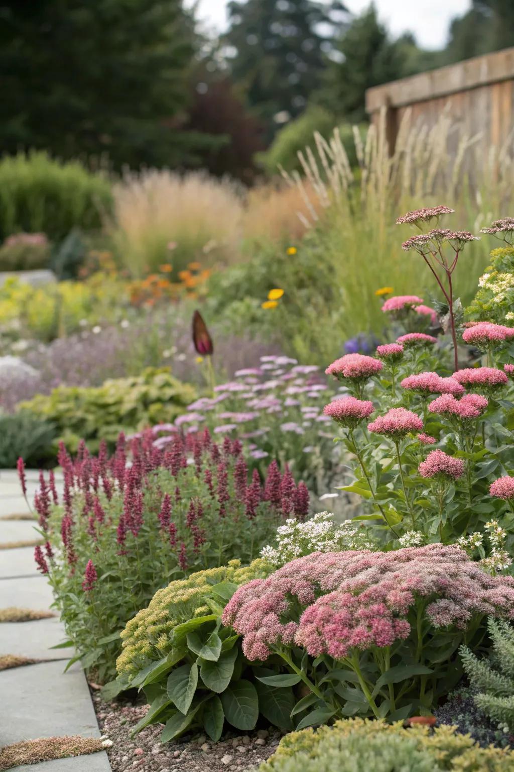 A harmonious mix of sedums and other perennials.