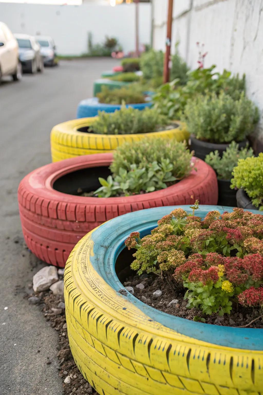 Creative upcycled tire planters brimming with sedums.