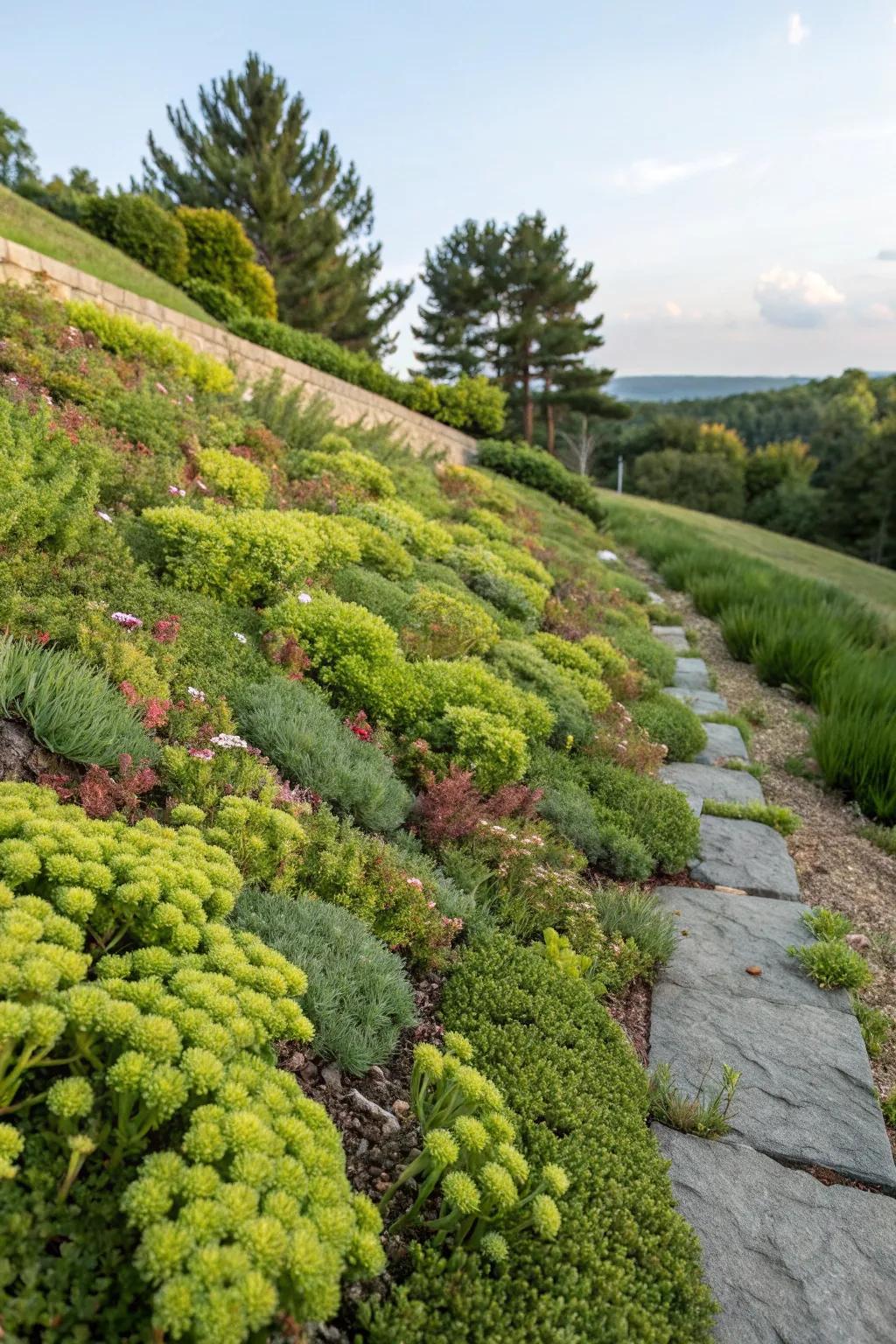 A hillside garden featuring erosion-preventing sedums.