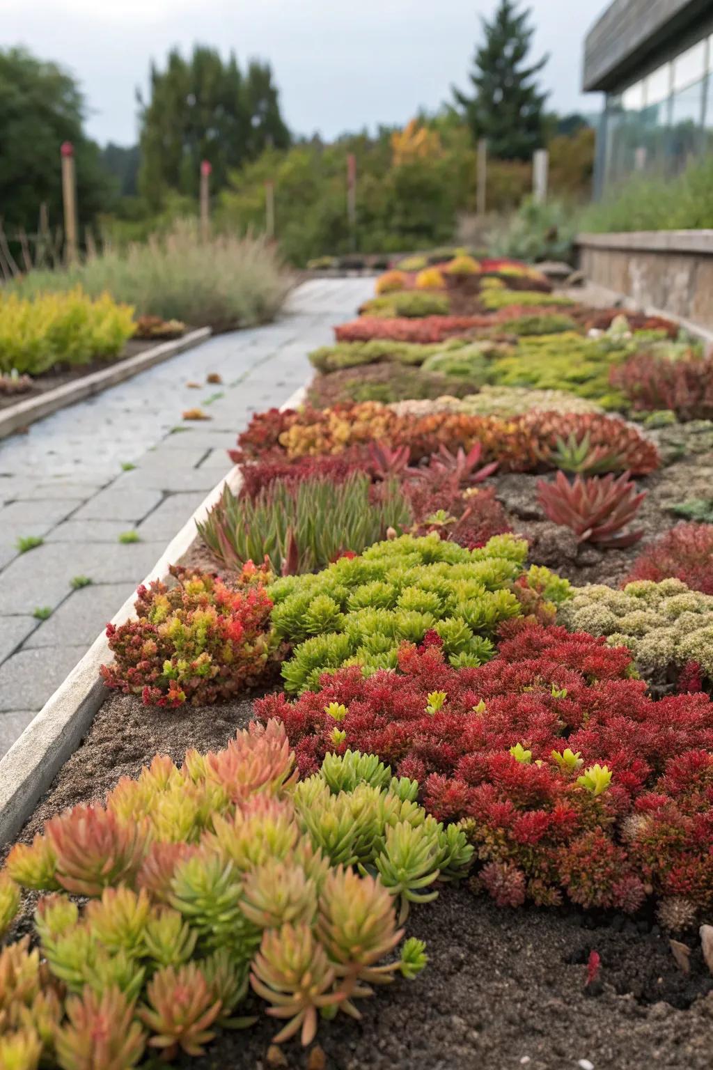 A diverse collection of colorful sedums in a garden.
