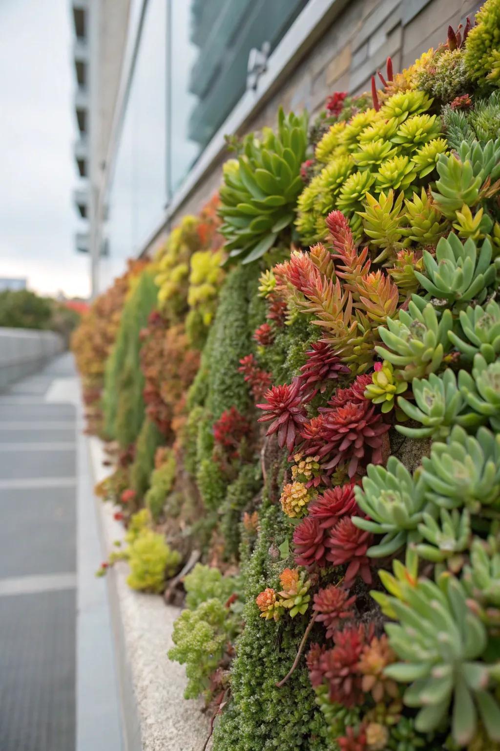 A striking vertical garden wall adorned with sedums.