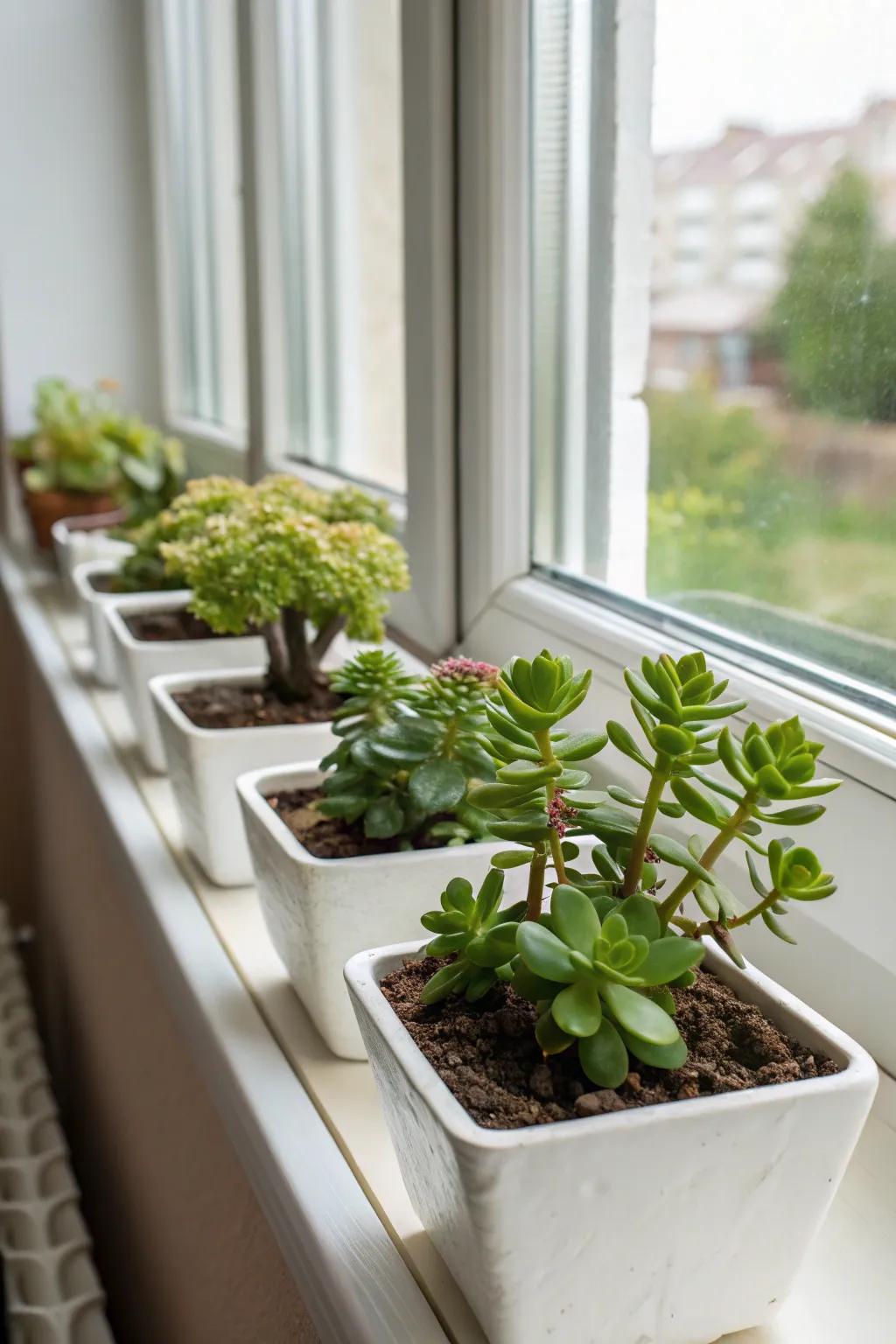 Sedum planters adding charm to a sunny window sill.