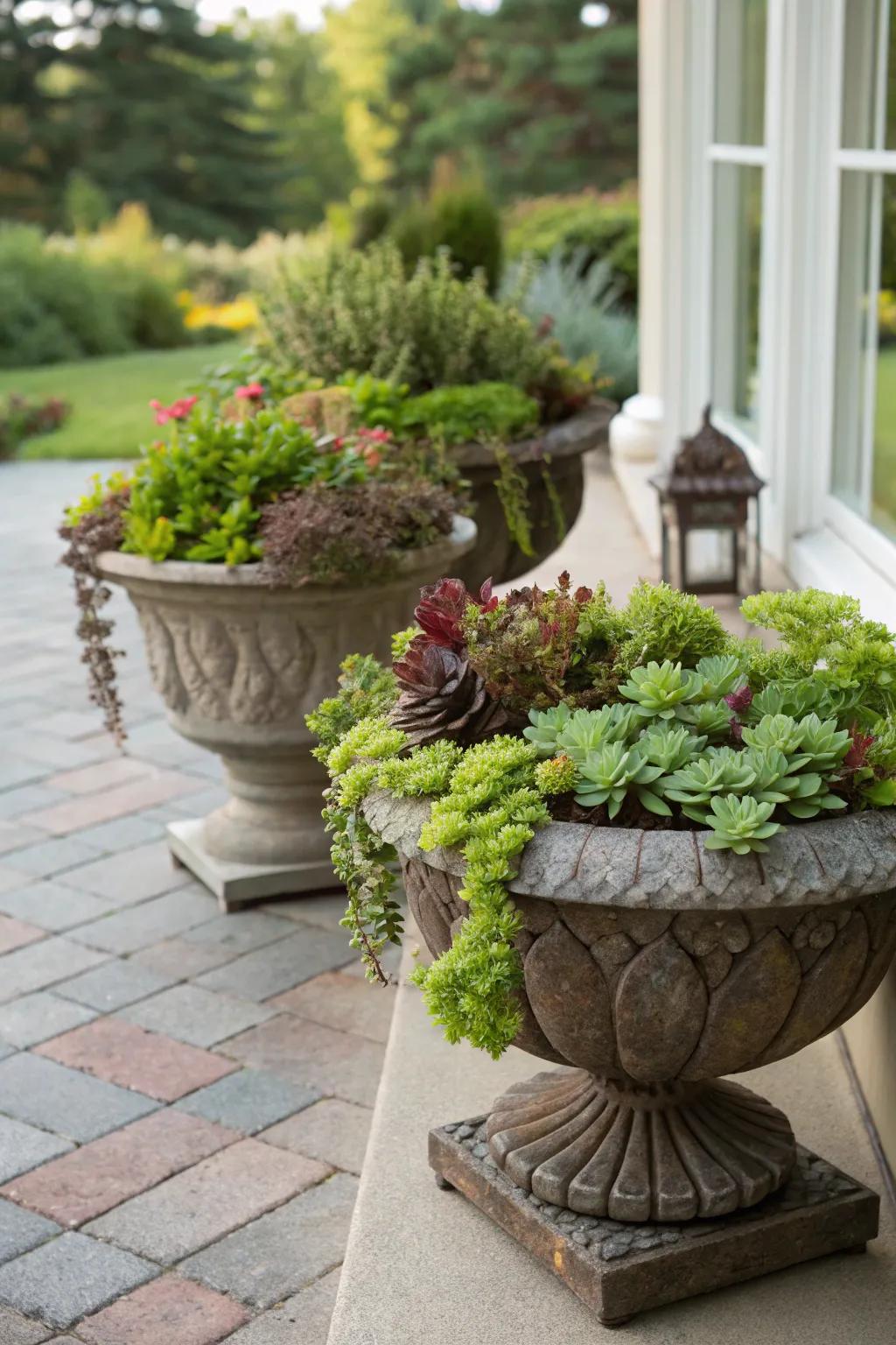 Container gardens showcasing a variety of vibrant sedums.