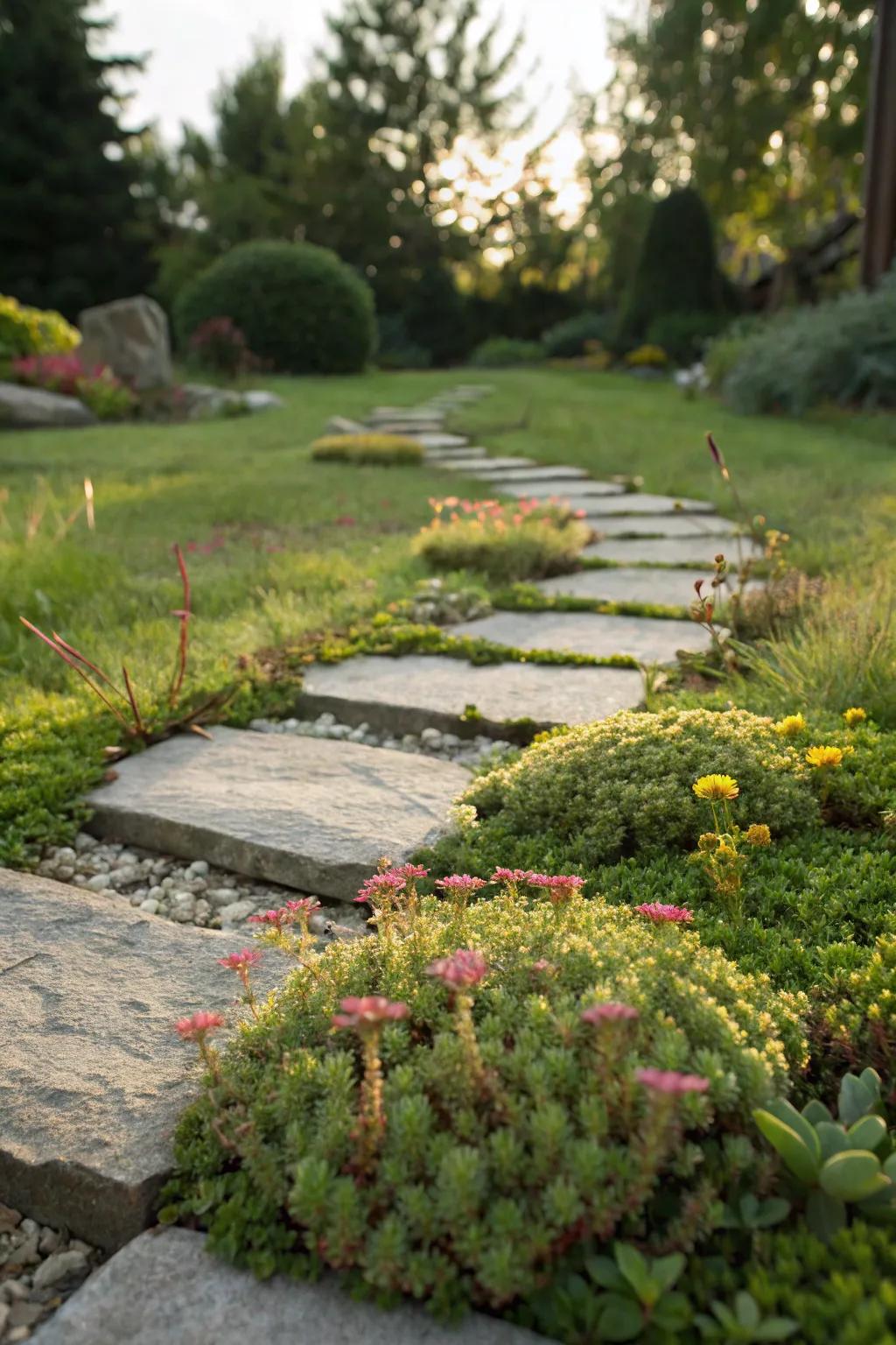 Stepping stones with a soft sedum underfoot.