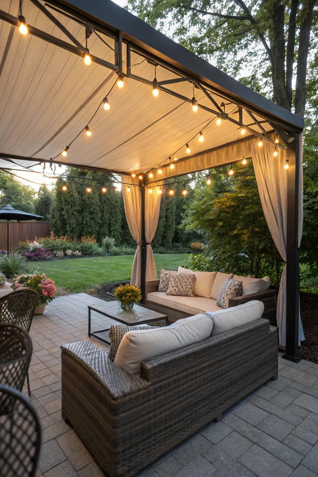 Create a warm and inviting patio ambiance with a simple canopy and lights.