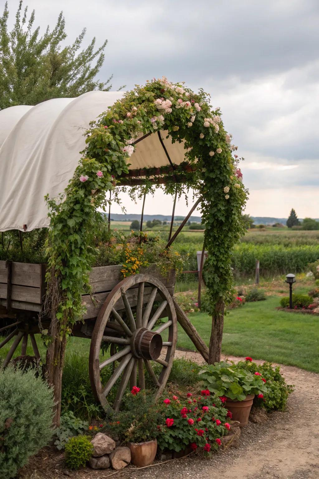 A wagon wheel canopy delivers rustic charm and character.