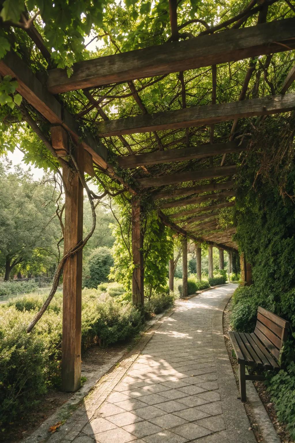 A wooden pergola with vines can add a rustic charm to your garden.