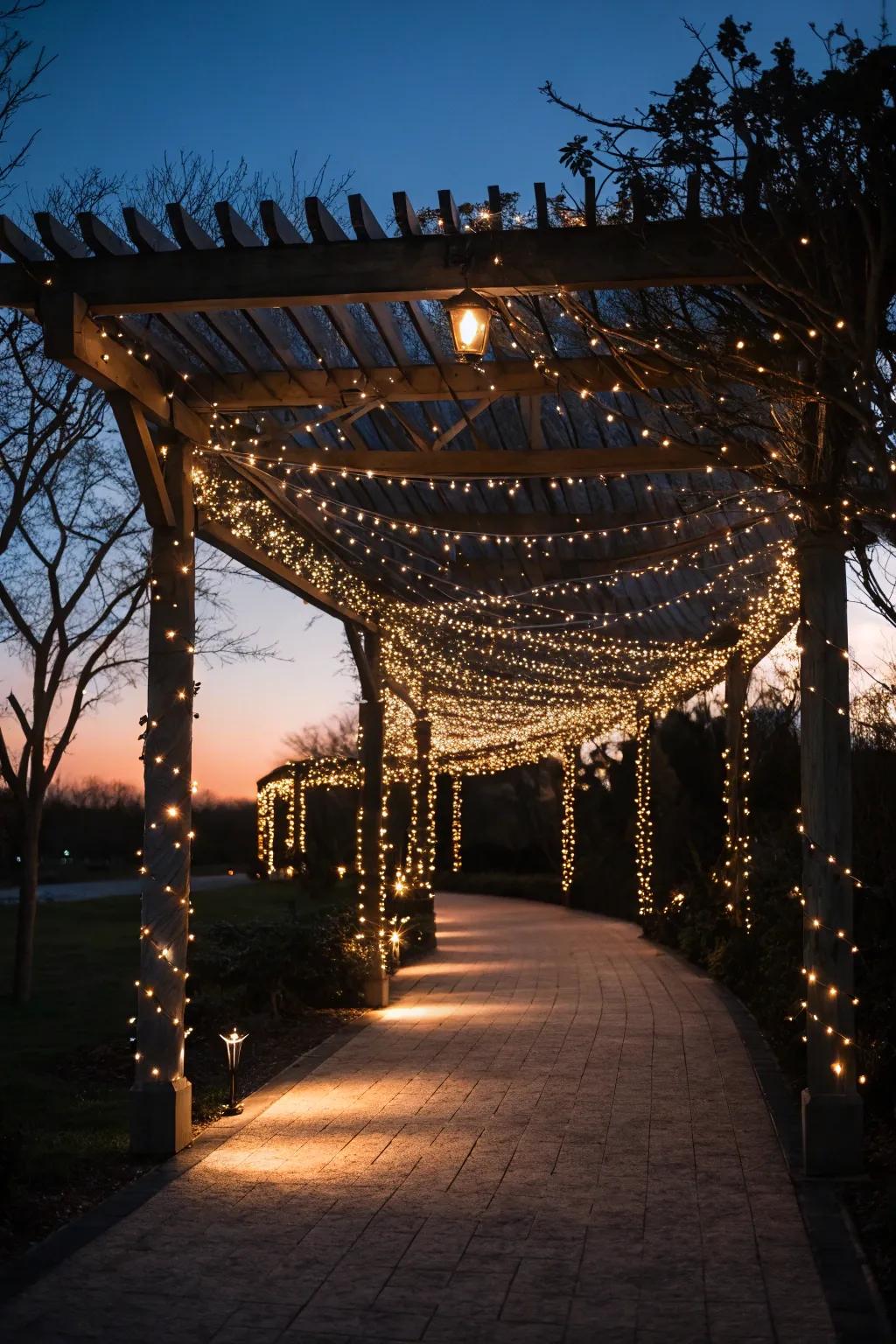 Fairy lights create a magical ambiance under a canopy.