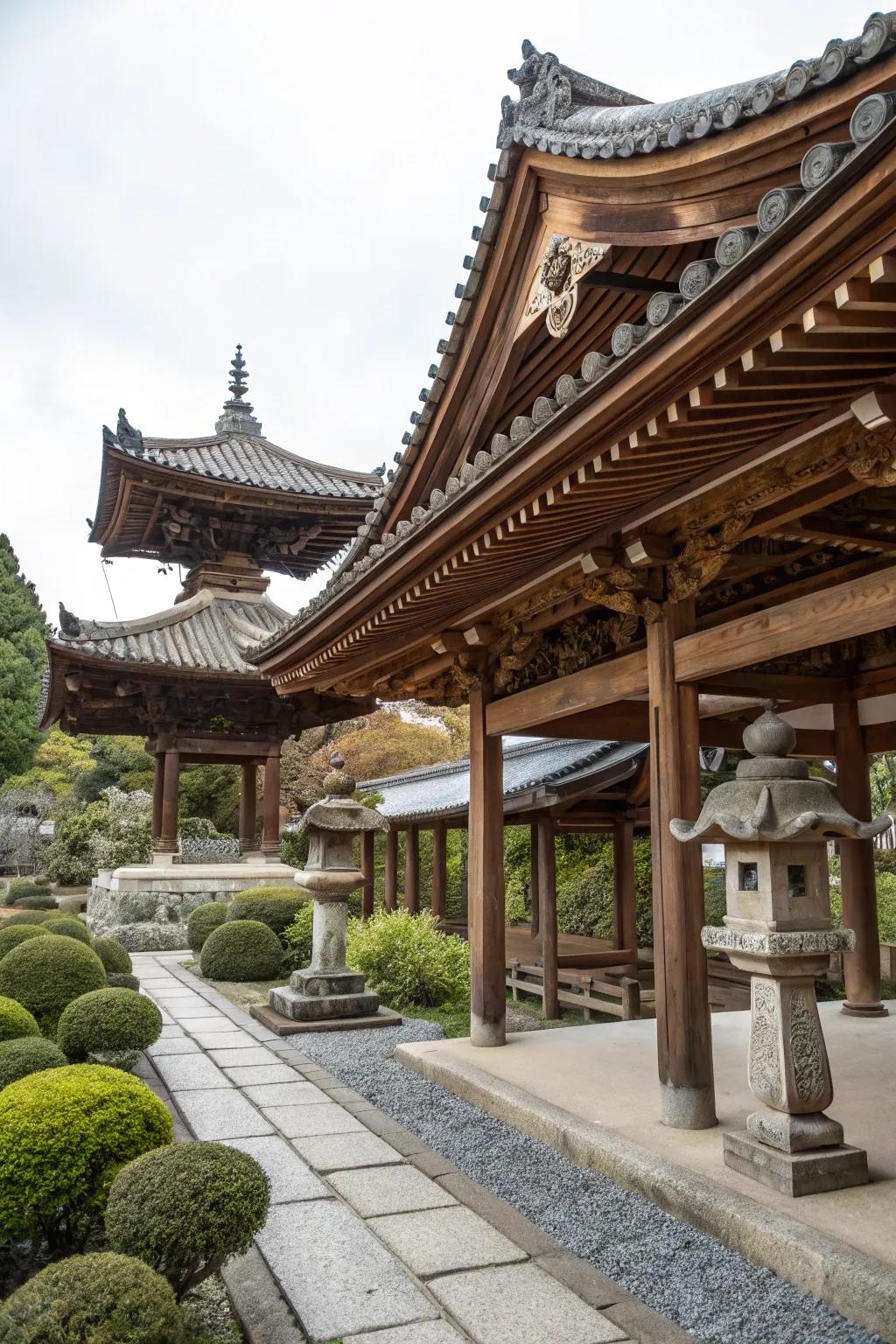 Tiered roofs and wooden details evoke elegance in Japanese style.