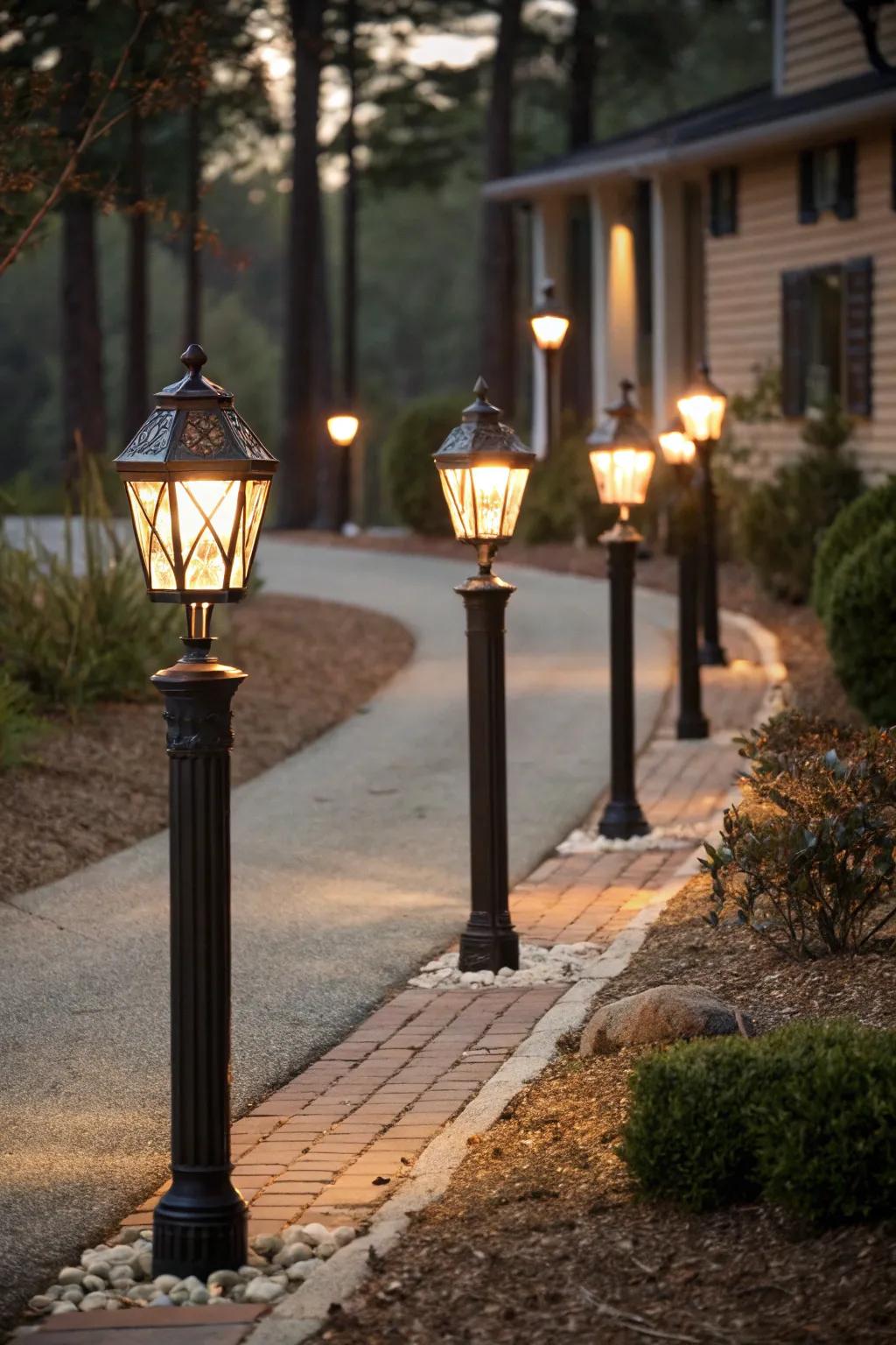 Classic lantern posts create a warm, welcoming atmosphere.