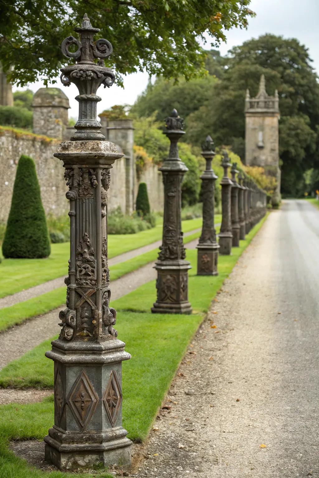 Vintage iron posts add historical charm and elegance.