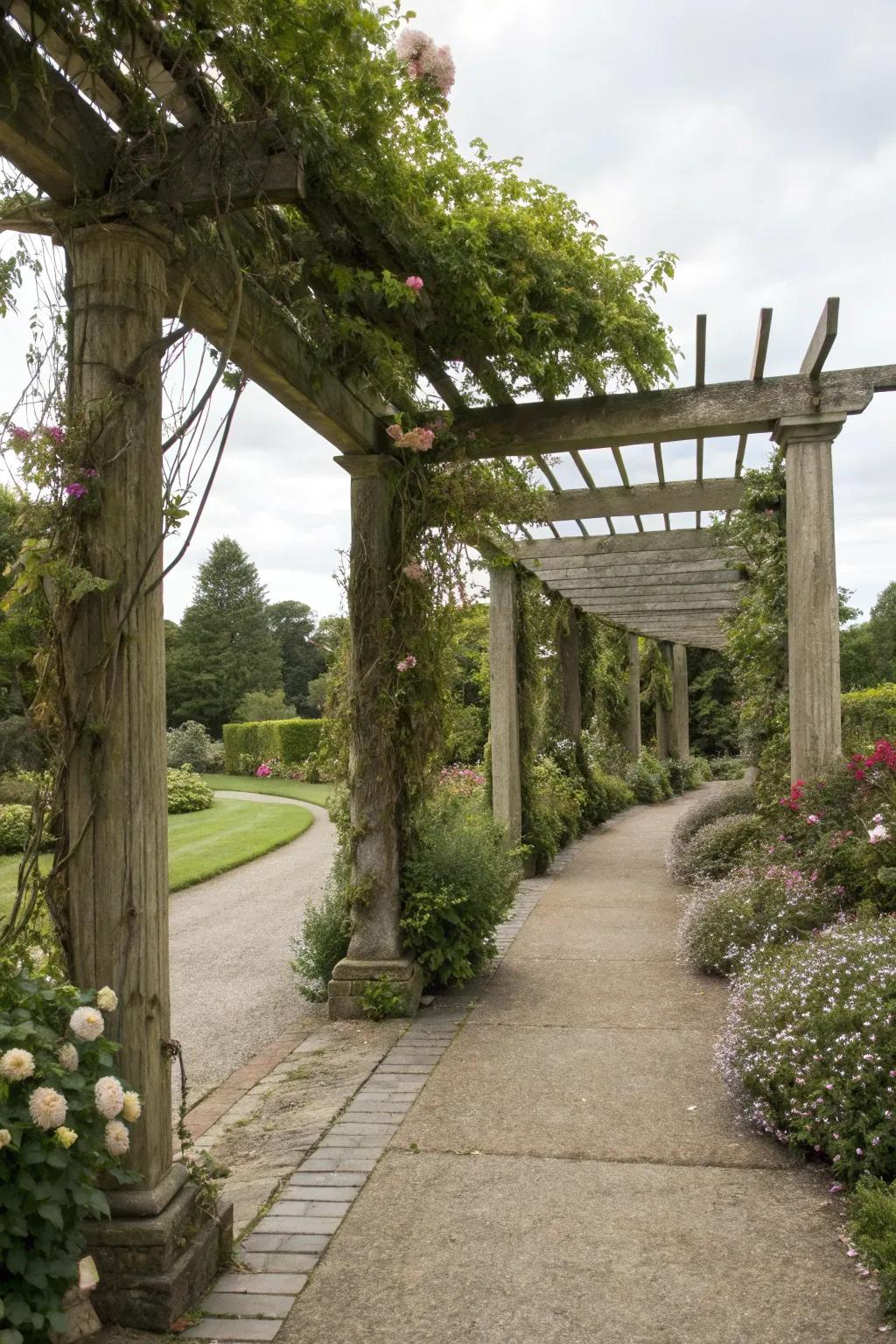 Pergola posts create a grand, inviting entrance.