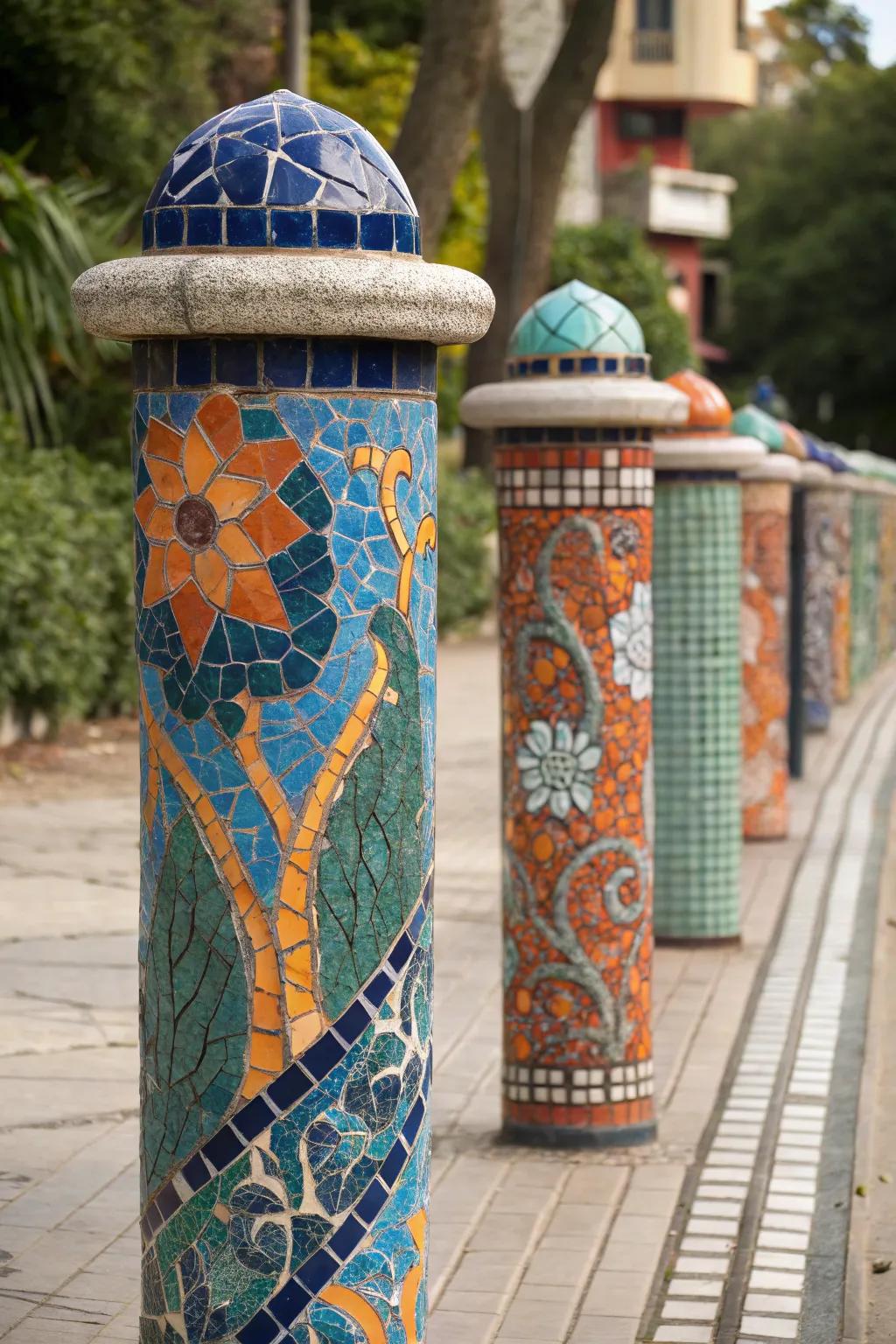 Artistic mosaic posts add color and creativity.