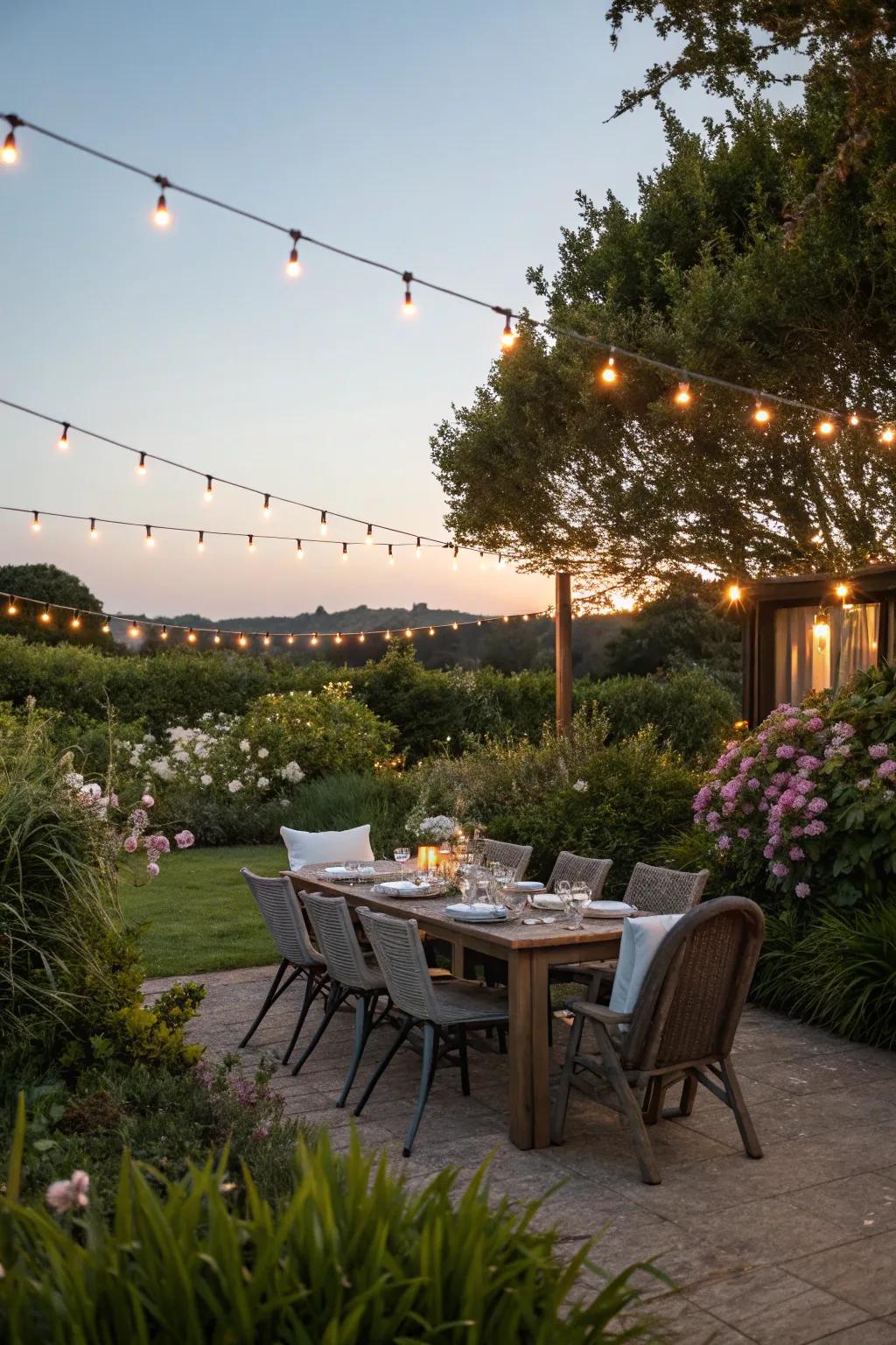 An inviting outdoor dining setup with a long table and string lights.