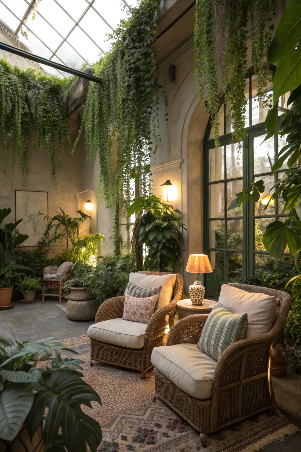 A whimsical garden room with cozy seating and abundant greenery.