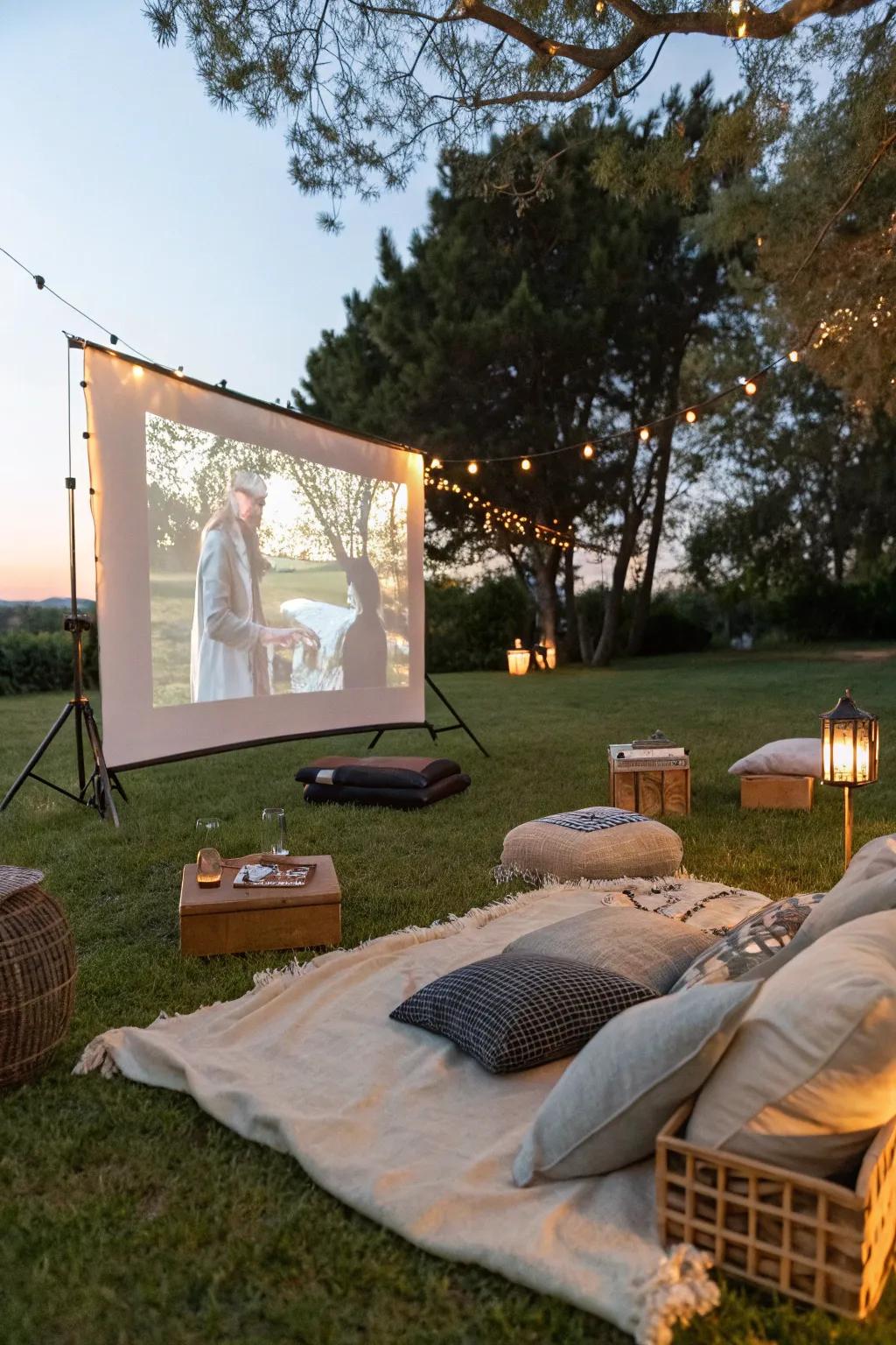An outdoor movie setup with a projector and cozy seating on the grass.