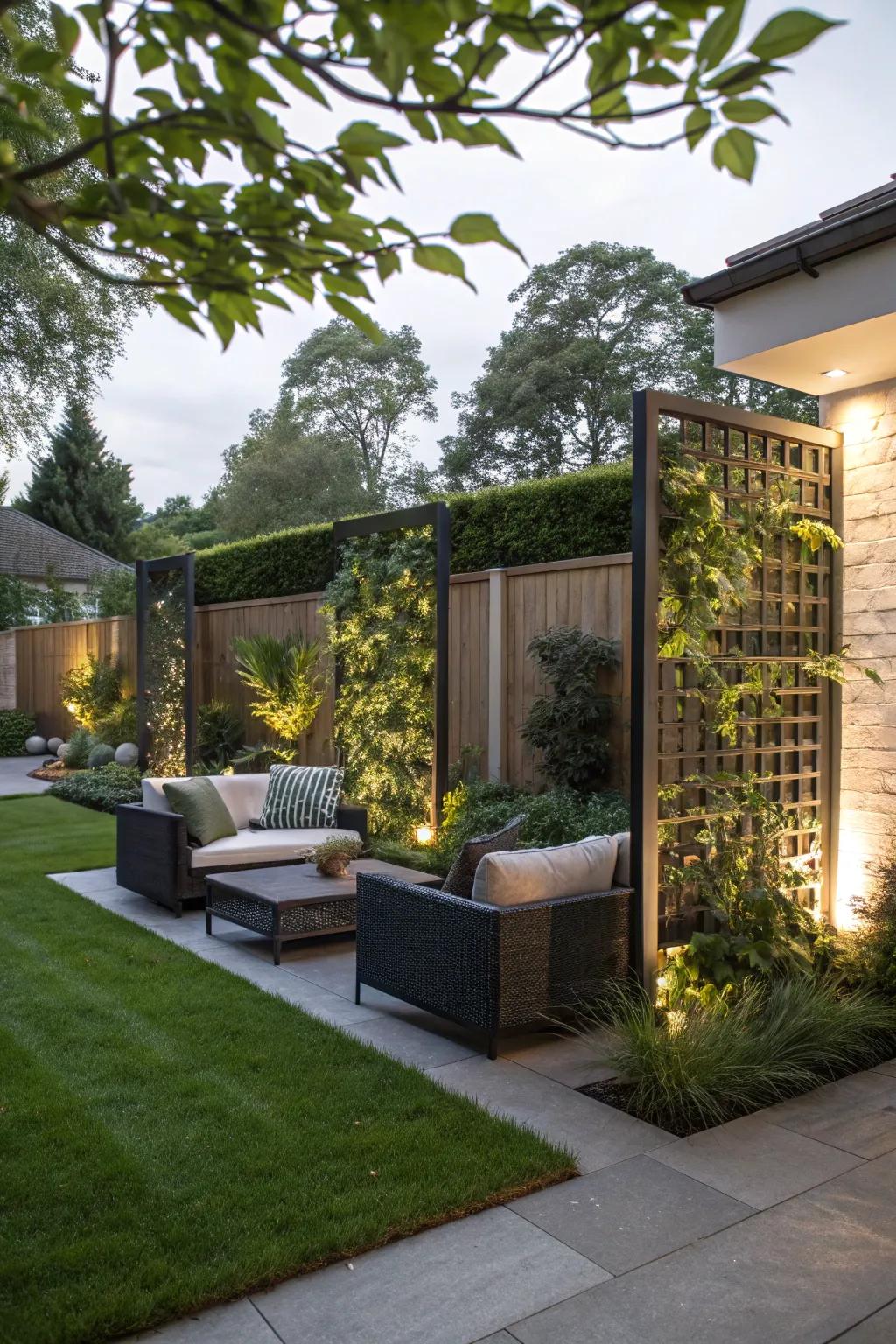 Elegant privacy screens enhancing the aesthetics of a shared backyard.
