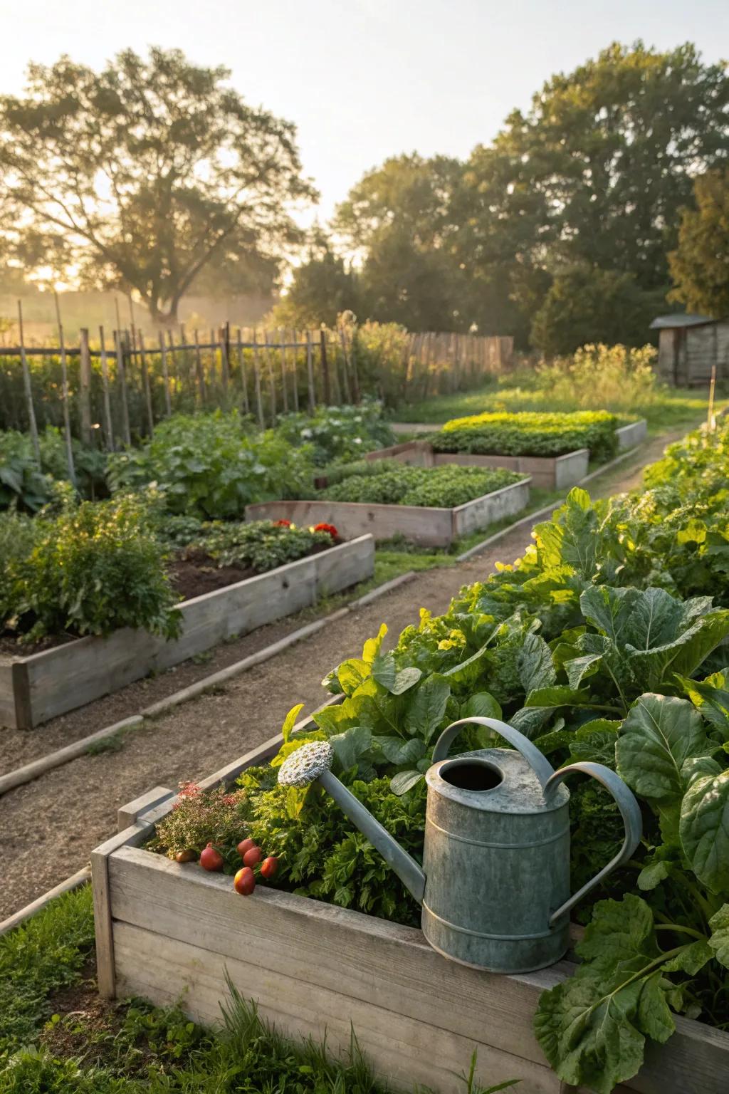 A flourishing vegetable garden with raised beds, ripe for harvesting.
