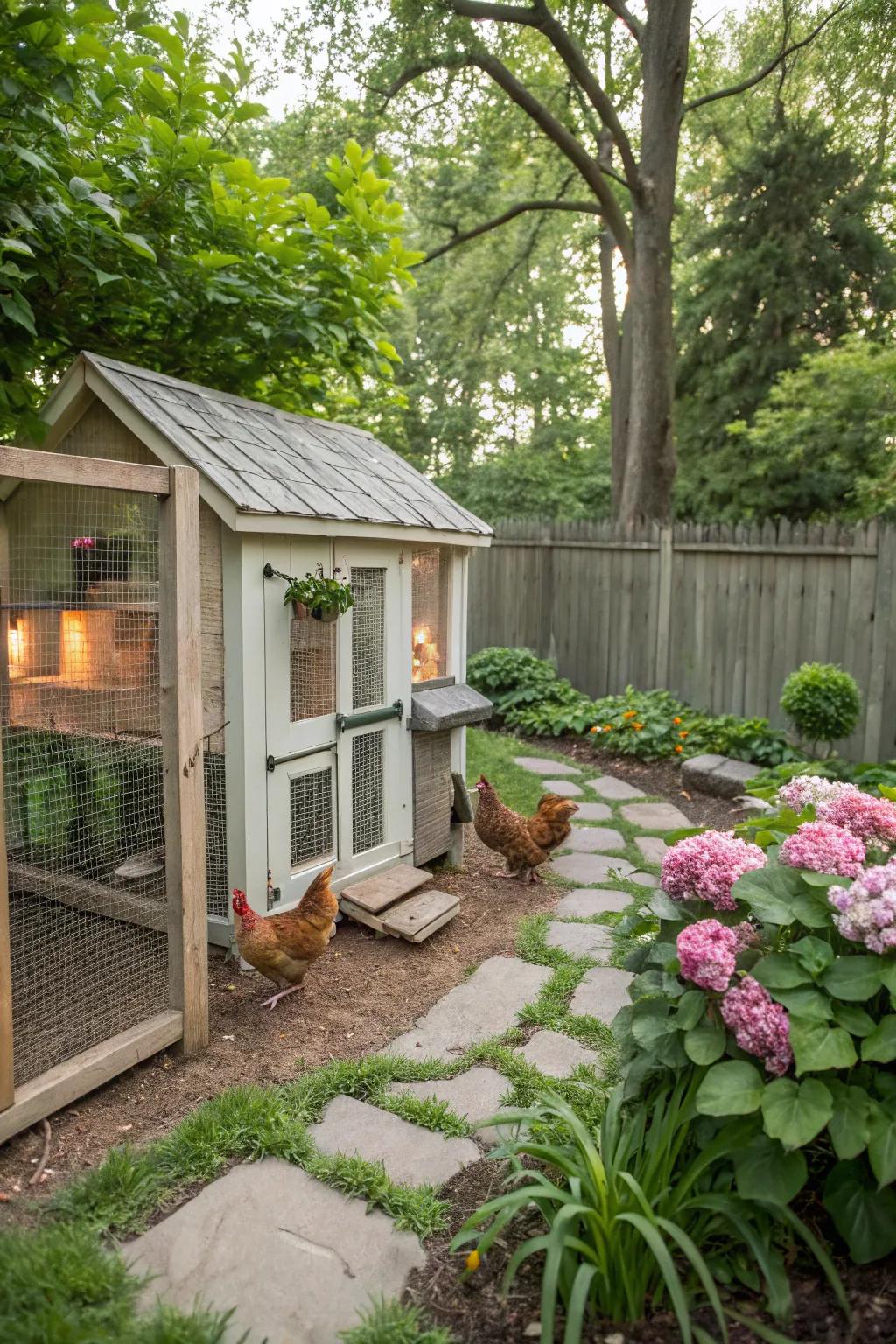 A quaint chicken coop with happy hens in a garden.