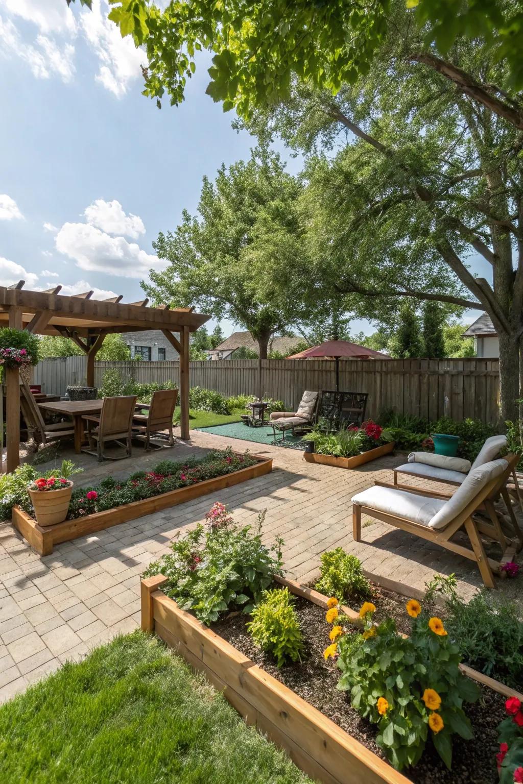 A backyard with distinct zones for various activities.