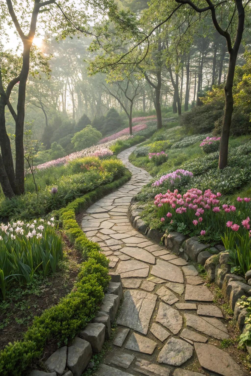 Beautiful stone pathways guiding through a lush, vibrant garden.