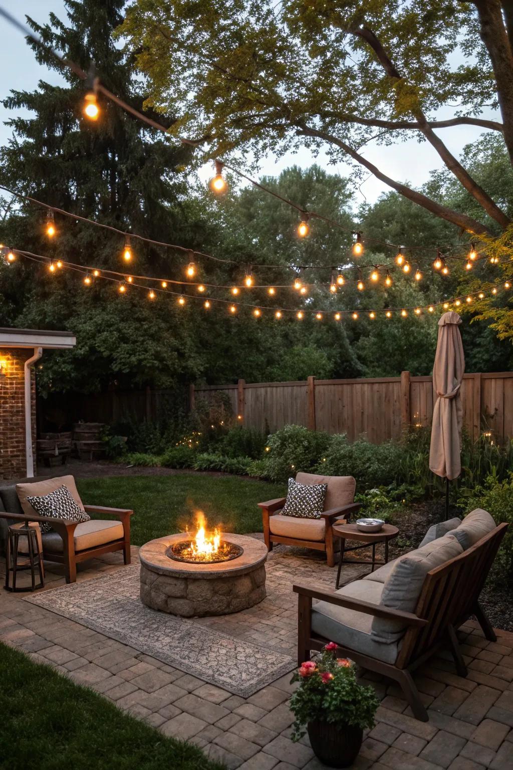 A warm and inviting fire pit surrounded by seating and twinkling lights.