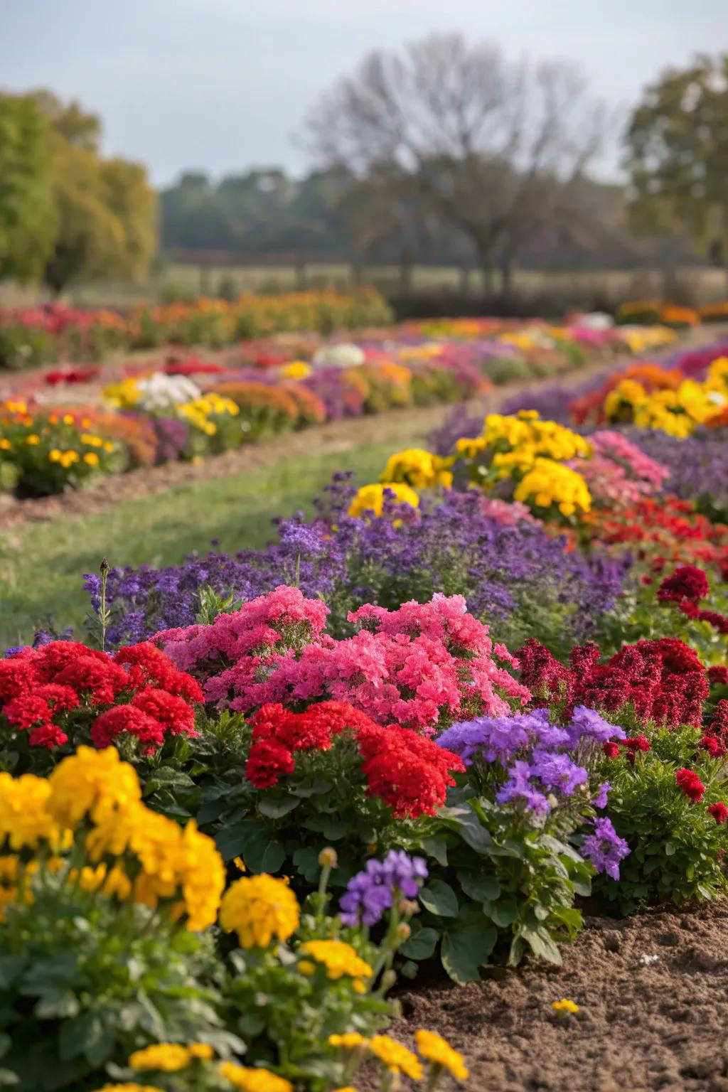 A vibrant display of colorful flower beds in full bloom.