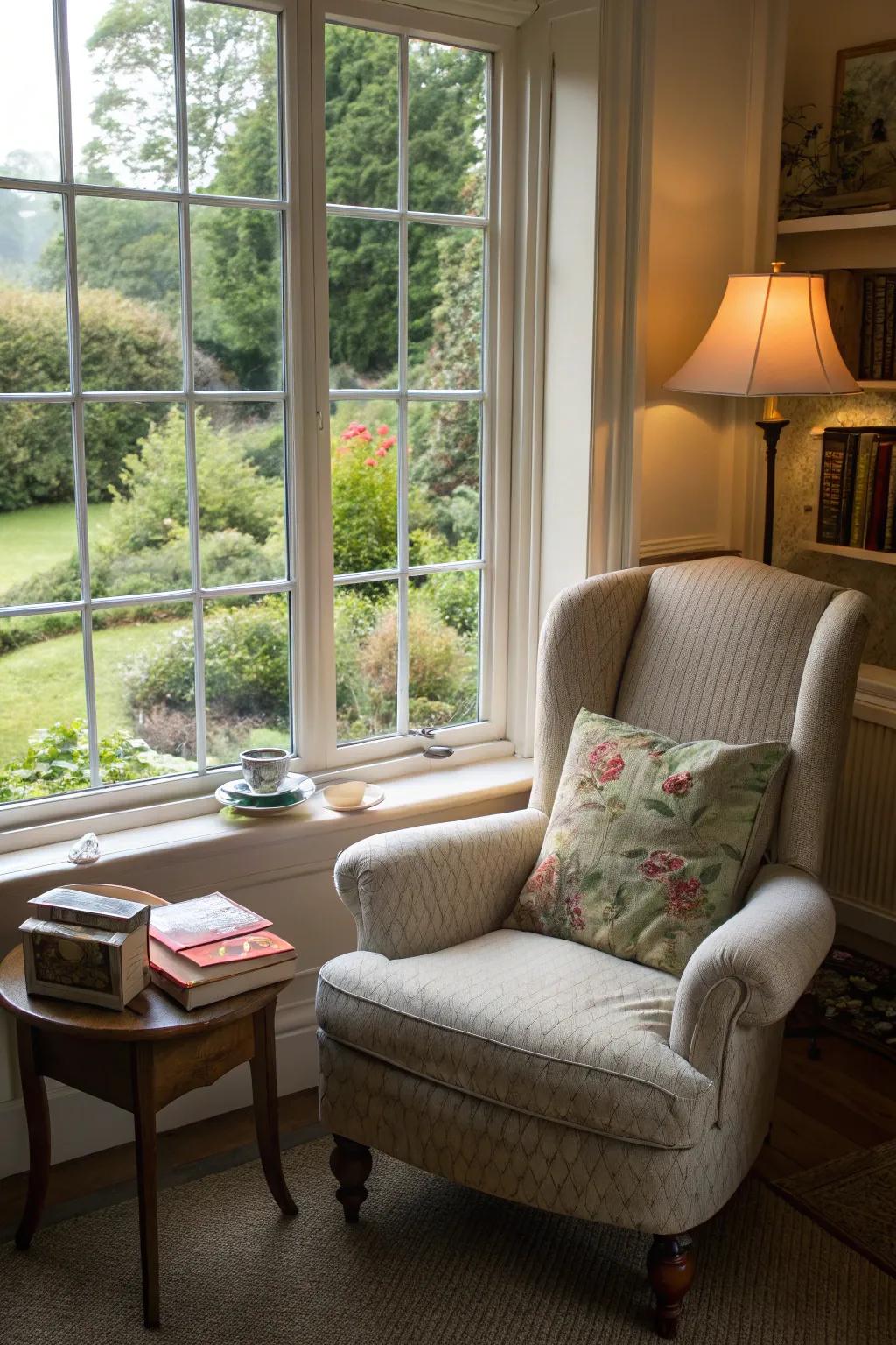 A peaceful reading nook with a comfortable chair overlooking the garden.